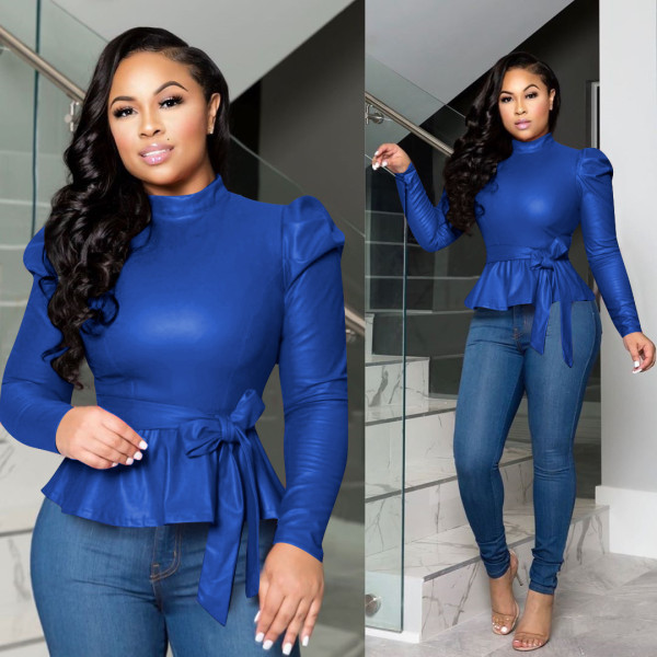 Women's autumn and winter new flocked leather top half high collar long sleeve leather jacket A837