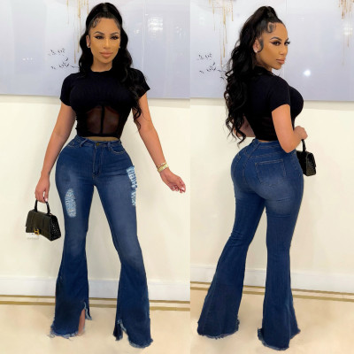Fashion all-match slim wide-leg fringed denim flared pants JLX2515