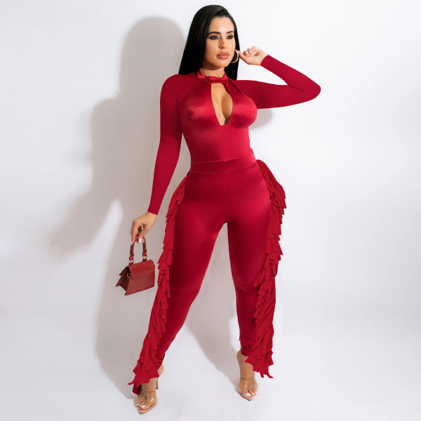 Women's halter neck tube top fringed back zipper fashionable sexy jumpsuit SZ8189
