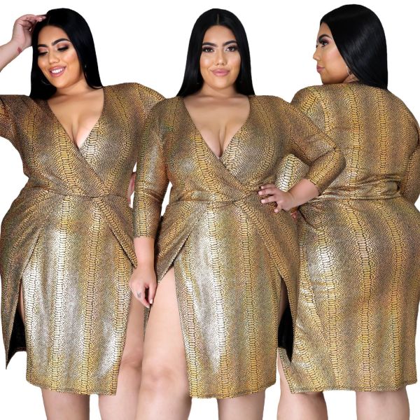 5XL fat woman fat woman cross-border plus size women's V-neck pit strip long skirt short skirt dress XM7006