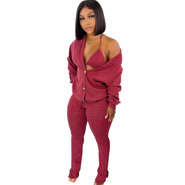 Large size women's solid color pit strip cotton three-piece fashion suit H1756