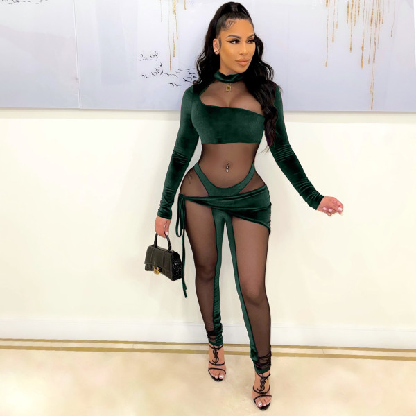 New women's Korean velvet mesh stitching lace sexy long-sleeved jumpsuit A3298