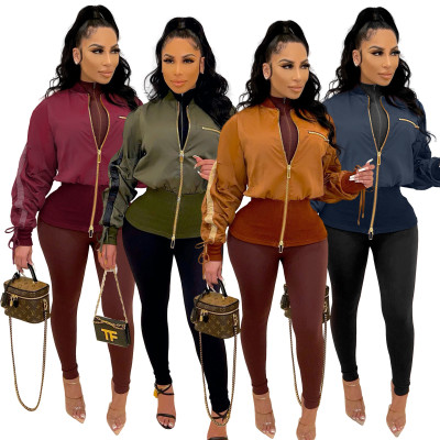 Women's Drawstring waist flight suit Double zippers Jacket clip XM7007