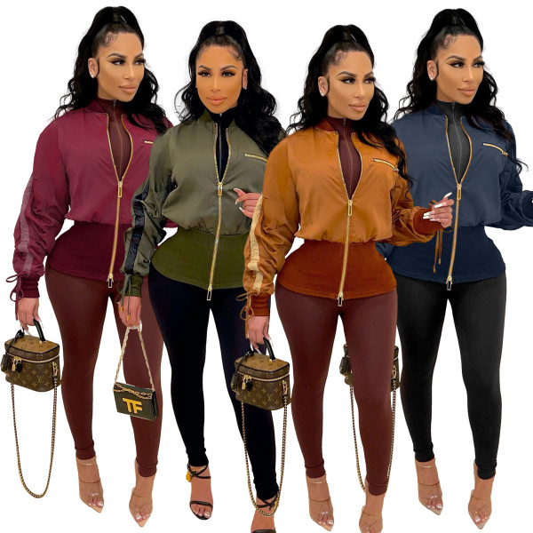 Women's Drawstring waist flight suit Double zippers Jacket clip XM7007