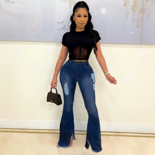 Fashion all-match slim wide-leg fringed denim flared pants JLX2515