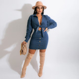 Women's denim collar tube top button bow fashion sexy skirt suit SZ1005