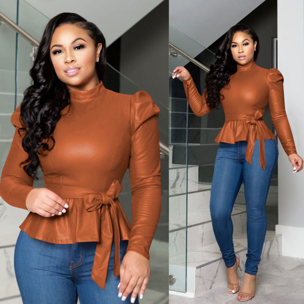 Women's autumn and winter new flocked leather top half high collar long sleeve leather jacket A837
