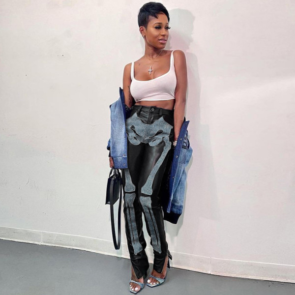 2021 autumn new women's fashion street style PU imitation leather high waist skinny denim stitching casual trousers K21P06225