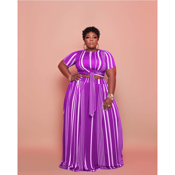 Plus size women's striped printed skirt two-piece suit with straps plus size skirt suit GT9944
