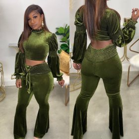 Autumn and winter new style lantern sleeve flared pants cross-border fashion casual suit two-piece suit H1753