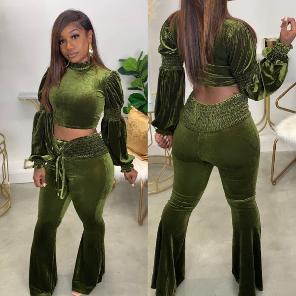 Autumn and winter new style lantern sleeve flared pants cross-border fashion casual suit two-piece suit H1753