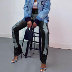 2021 autumn new women's fashion street style PU imitation leather high waist skinny denim stitching casual trousers K21P06225