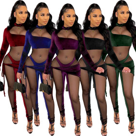 New women's Korean velvet mesh stitching lace sexy long-sleeved jumpsuit A3298