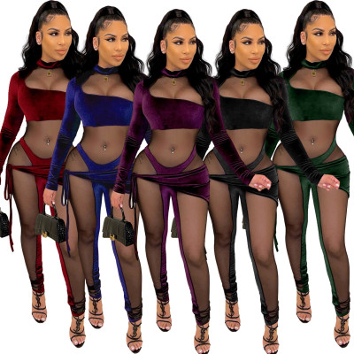 New women's Korean velvet mesh stitching lace sexy long-sleeved jumpsuit A3298