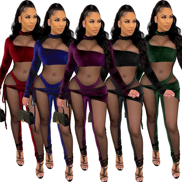 New women's Korean velvet mesh stitching lace sexy long-sleeved jumpsuit A3298