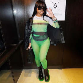 2021 autumn European and American foreign trade women's new sexy hollow see-through mesh printing contrast color slim casual suit K21S07575