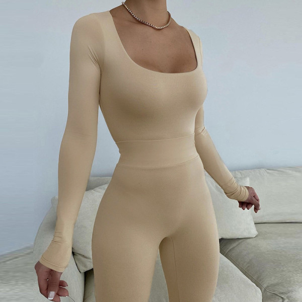 Fall 2021 women's new solid color low-cut long-sleeved slim-fit jumpsuit high-waisted tight trousers suit K21S07450