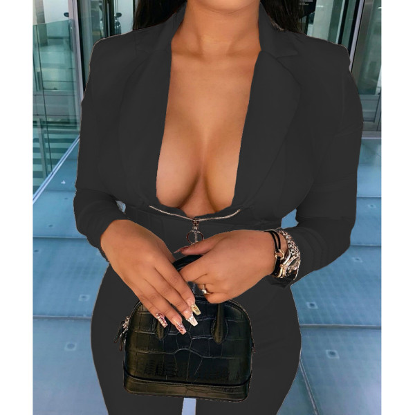 Two-piece sexy women's solid color low collar, waist waist and suit collar B9305