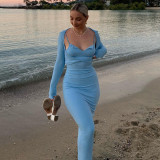 2021 Fall New Women's Fashion Long Sleeve Square Neck T-Shirt Sling Slim Fit Hip Long Skirt Set K21S06610