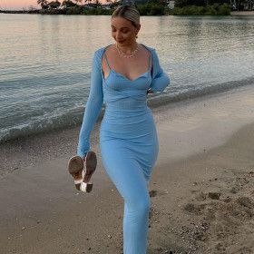 2021 Fall New Women's Fashion Long Sleeve Square Neck T-Shirt Sling Slim Fit Hip Long Skirt Set K21S06610