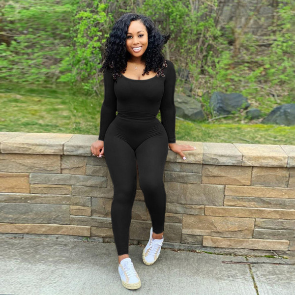 Fall 2021 women's new solid color low-cut long-sleeved slim-fit jumpsuit high-waisted tight trousers suit K21S07450