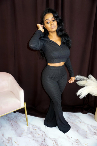 Pit striped cotton solid color long-sleeved sexy cropped leisure sports flared pants suit Q5265