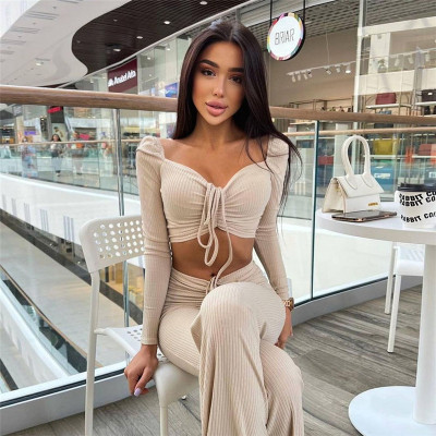 2021 winter new women's fashion long-sleeved square neck T-shirt slim slimming straight trousers suit women K21S07678