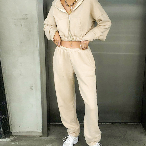 Fashion women's 2021 autumn new solid color hooded pocket sweater slim trousers suit K21ST539