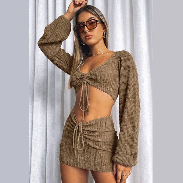 2021 new style long-sleeved V-neck drawstring skirt suit sexy waistless long-sleeved skirt suit women JY21548
