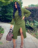 Women Fashion Double Drawstring Strap Hooded Sweater Slit Dress L21104