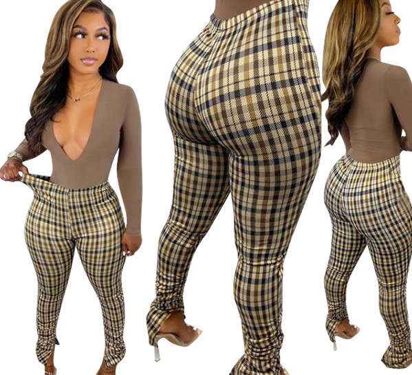 2021 fall/winter new plaid striped print pants D8462