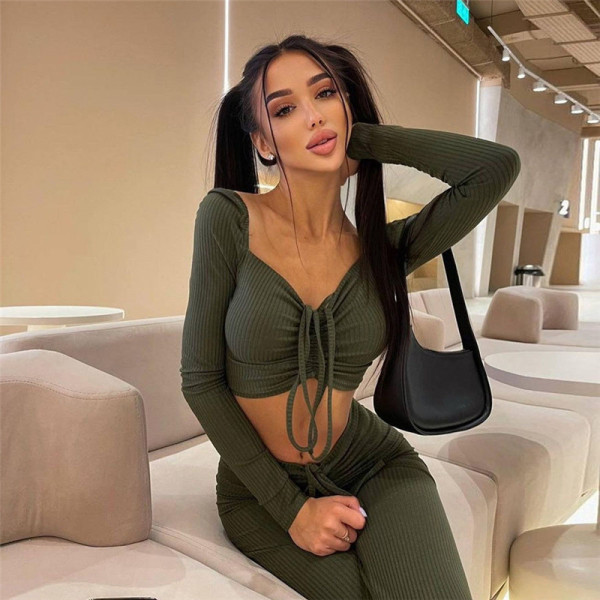 2021 winter new women's fashion long-sleeved square neck T-shirt slim slimming straight trousers suit women K21S07678