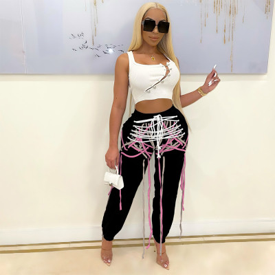 Fashion women's trendy eyelet drawstring colorful trousers BN7233