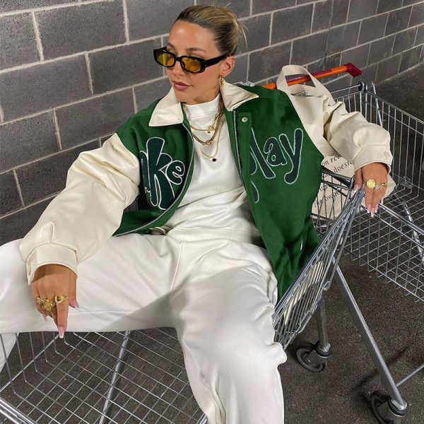 Fall 2021 new women's fashion lapel long-sleeved jacket loose print casual baseball uniform jacket K21C04555