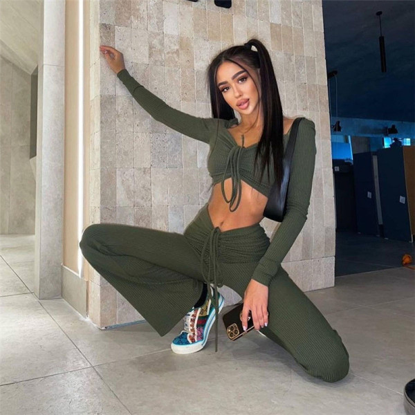 2021 winter new women's fashion long-sleeved square neck T-shirt slim slimming straight trousers suit women K21S07678