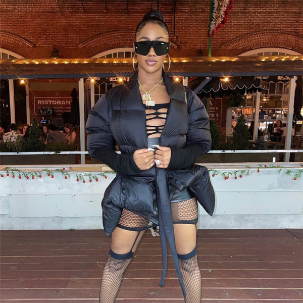 2021 autumn and winter women's new style personality lace-up warmth and thick fashion solid color cotton jacket W21Y07688