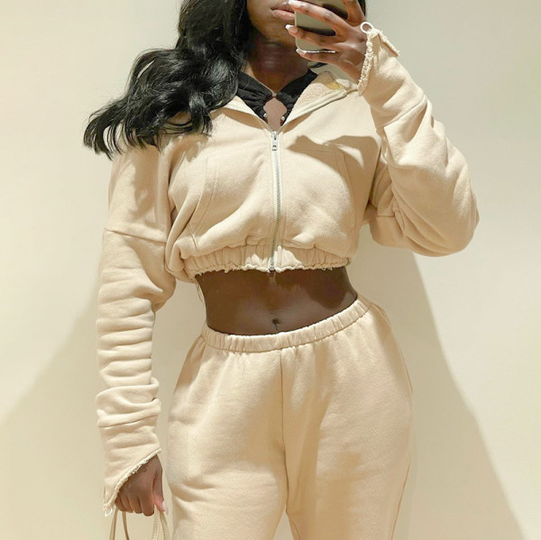 Fashion women's 2021 autumn new solid color hooded pocket sweater slim trousers suit K21ST539