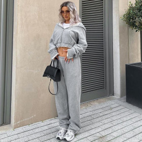 Fashion women's 2021 autumn new solid color hooded pocket sweater slim trousers suit K21ST539