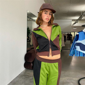 2021 fall new color contrast trousers casual suit European and American fashion cardigan hooded sports women's clothing AL-656820614109