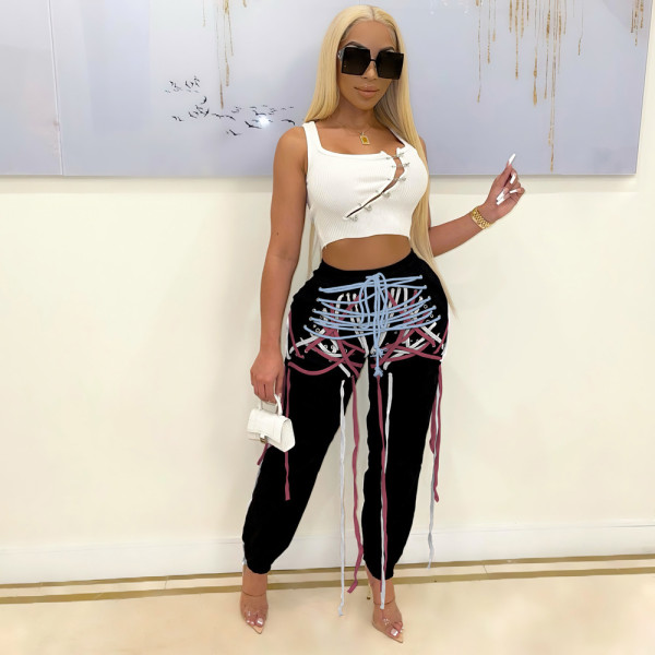 Fashion women's trendy eyelet drawstring colorful trousers BN7233