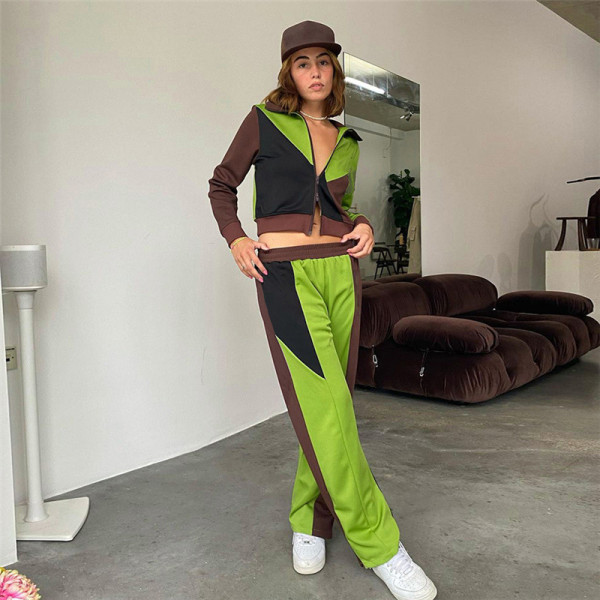 2021 fall new color contrast trousers casual suit European and American fashion cardigan hooded sports women's clothing AL-656820614109