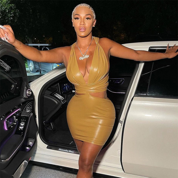 2021 autumn new women's fashion sexy low-cut hollow halter slim-fit buttocks imitation leather dress K21D05642
