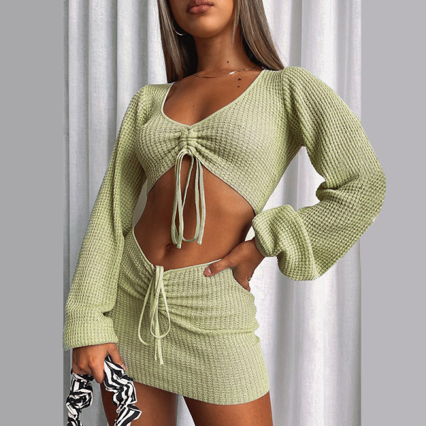 2021 new style long-sleeved V-neck drawstring skirt suit sexy waistless long-sleeved skirt suit women JY21548