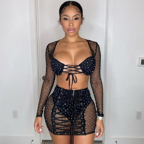 Ladies' sexy bandage, mesh bronzing two-piece set (including chest pad) B9306