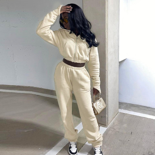 Fashion women's 2021 autumn new solid color hooded pocket sweater slim trousers suit K21ST539
