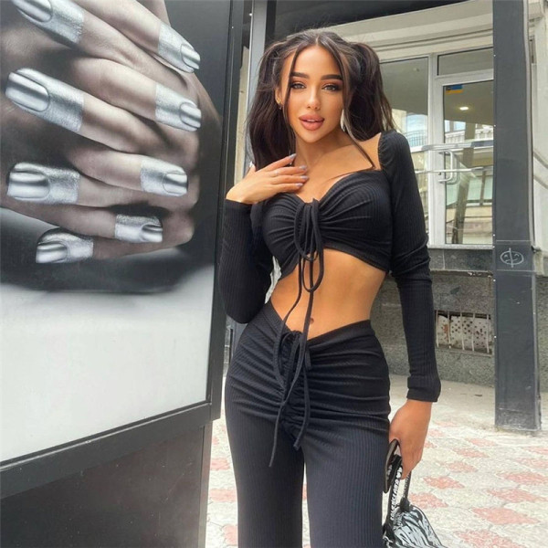 2021 winter new women's fashion long-sleeved square neck T-shirt slim slimming straight trousers suit women K21S07678