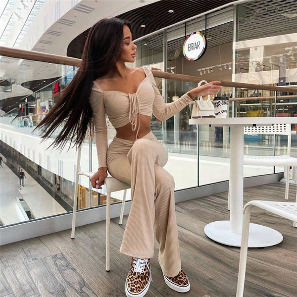 2021 winter new women's fashion long-sleeved square neck T-shirt slim slimming straight trousers suit women K21S07678