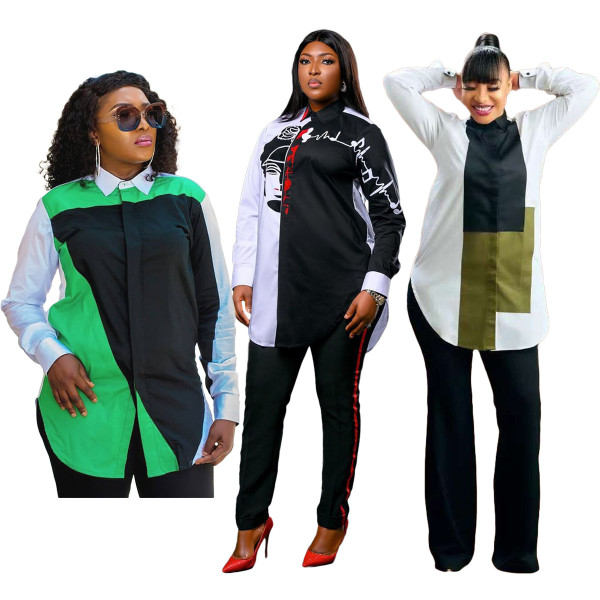 Women's Fashion Trendy Digital Positioning Printing Long Sleeve Casual Slim Shirt 2 Colors Available Y5211