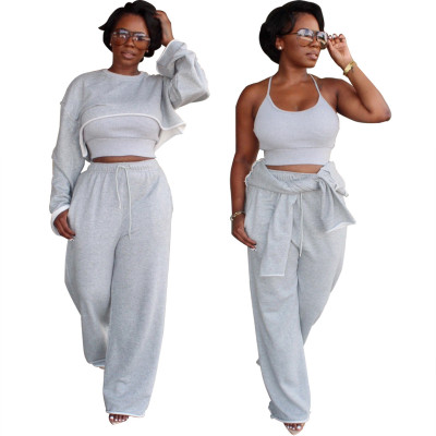 Sexy casual fashion solid color round neck curled drawstring suit OL96079