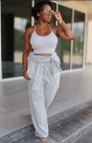Sexy casual fashion solid color round neck curled drawstring suit OL96079